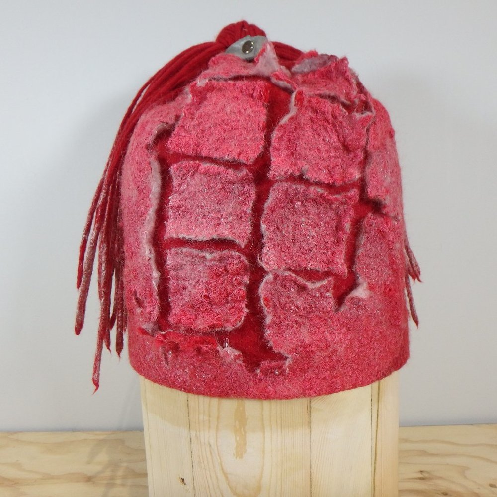Hand-felted woolen hat  with fringe